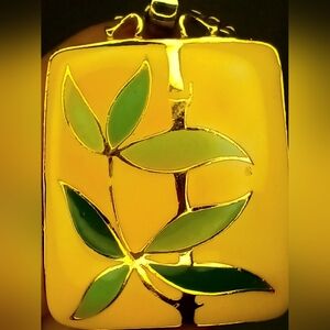 SOLD--#Vintage Asian Gold & Green enamel Bamboo leaf Pendant Goldplate Necklace.